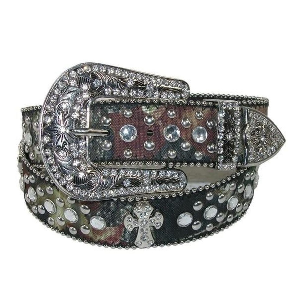 Women's cross concho western camo rhinestone belt